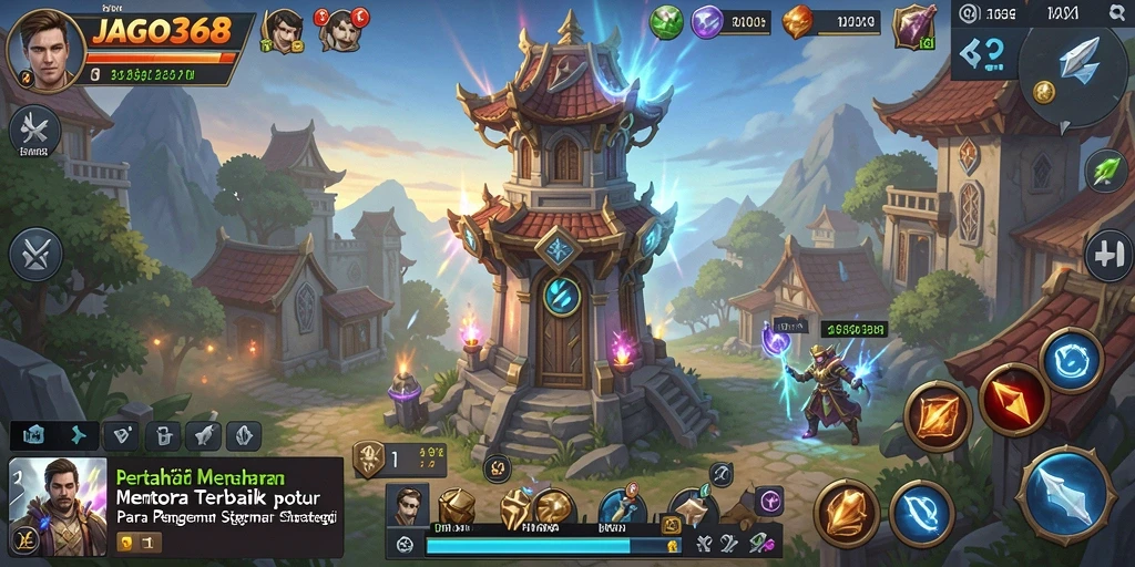 Tampilan gameplay JAGO368 dengan menara yang strategis melawan musuh.
