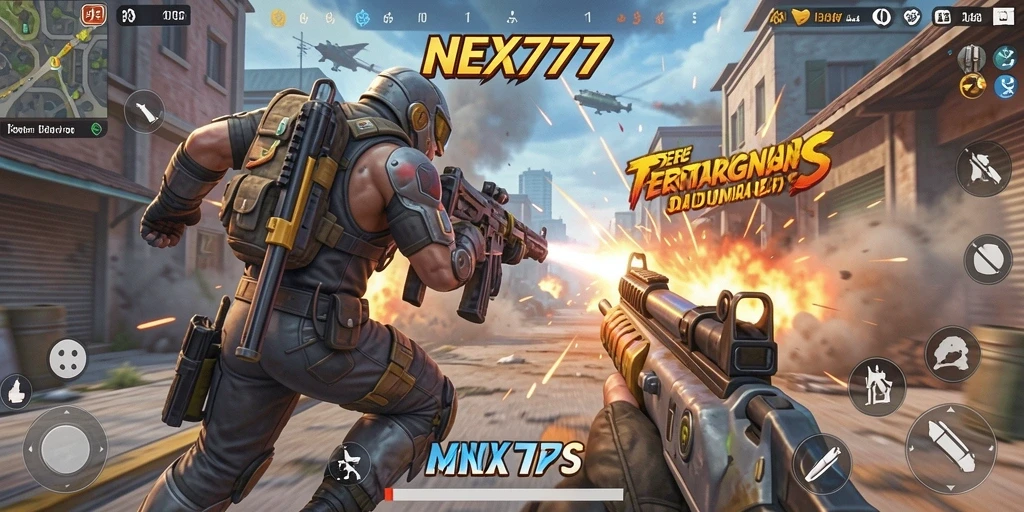 Tangkapan layar NEX777 menampilkan aksi tembak-menembak yang seru di arena pertempuran.