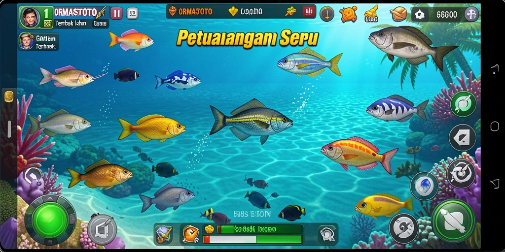 Tampilan gameplay ORMASTOTO yang seru saat menangkap ikan.